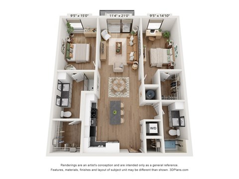 Floor plan for 2 beds, 2 baths, 1152 sqft
